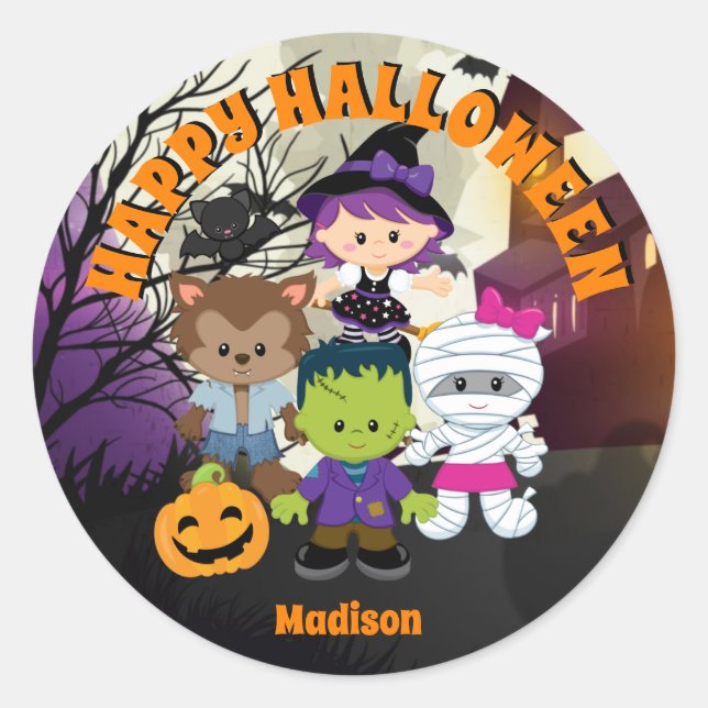 Happy Halloween Round Labels für Kinder Personalis Runder Aufkleber (Vorderseite)