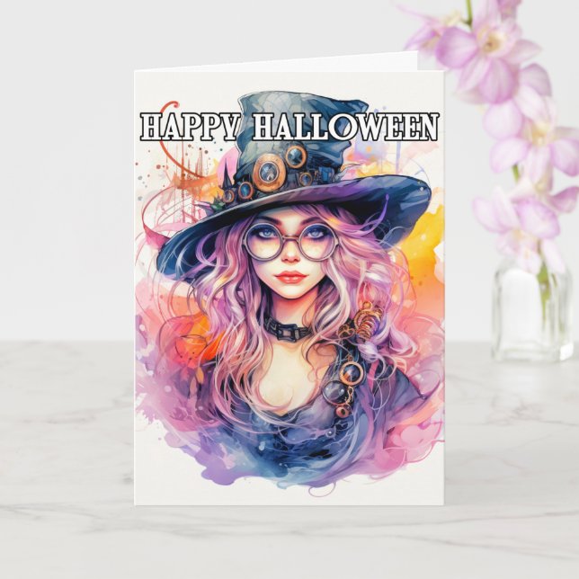Happy Halloween | Schöne Steampunk-Hexe Karte (Orchidee)