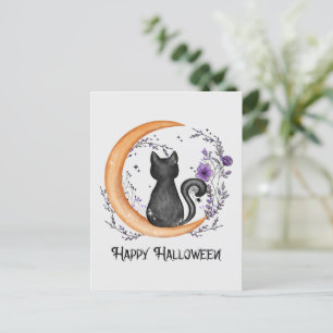 Happy Halloween - Schwarze Katze auf dem Halbmond Postkarte