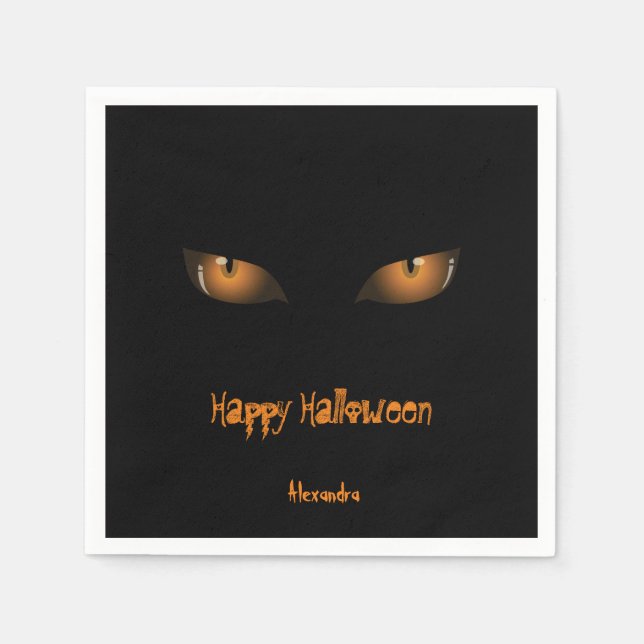 Happy Halloween | Schwarze Orangen Augen Serviette (Vorderseite)