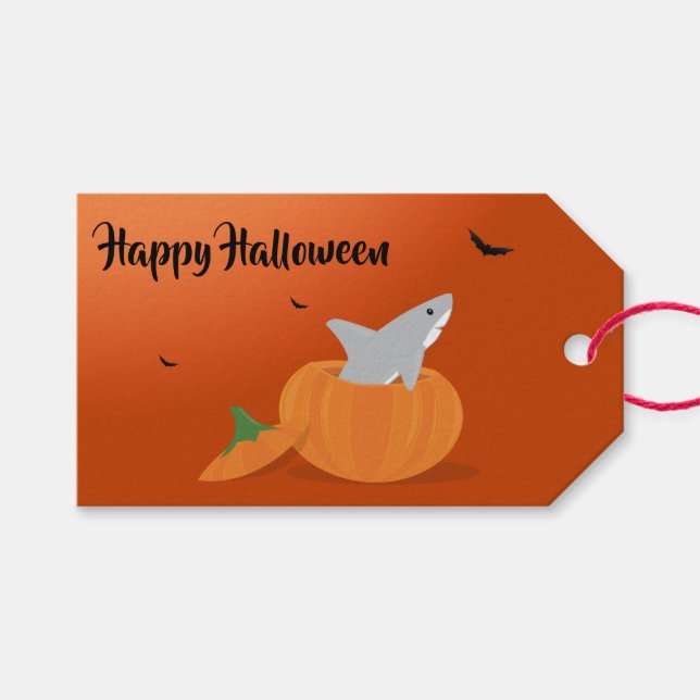 Happy Halloween Shark Pumpkin Bats Orange Geschenkanhänger (Vorderseite (Horizontal))