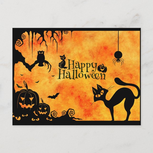 Happy Halloween Silhouette Black Cat und Freunde Postkarte (Vorderseite)