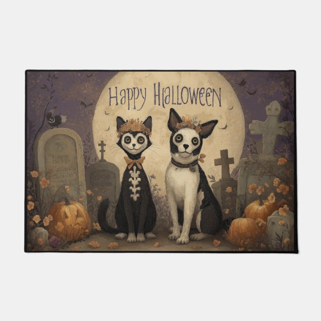 Happy Halloween Skeleton Cat and Dog in Graveyard Fußmatte (Vorderseite)