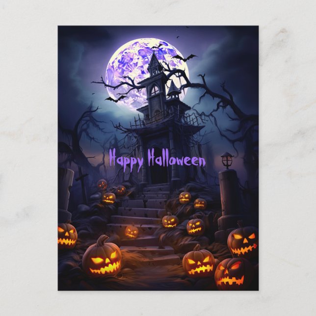 Happy Halloween Skeleton Skull Spuk House Postkarte (Vorderseite)