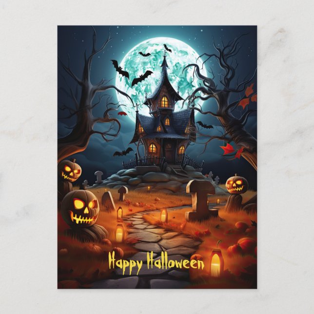 Happy Halloween Skeleton Skull Spuk House Postkarte (Vorderseite)