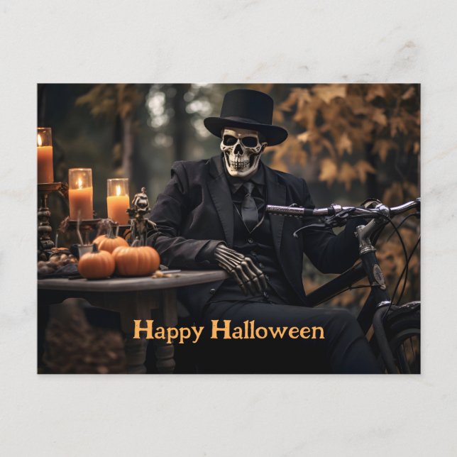 Happy Halloween Skelett in einem Vintagen Smoking Postkarte (Vorderseite)