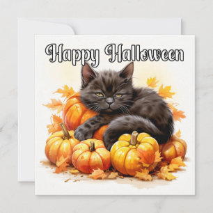 Happy Halloween Sleepy Black Kitty Cat Karte