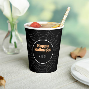 Happy Halloween Spider Web schwarz grau Dein Name Pappbecher