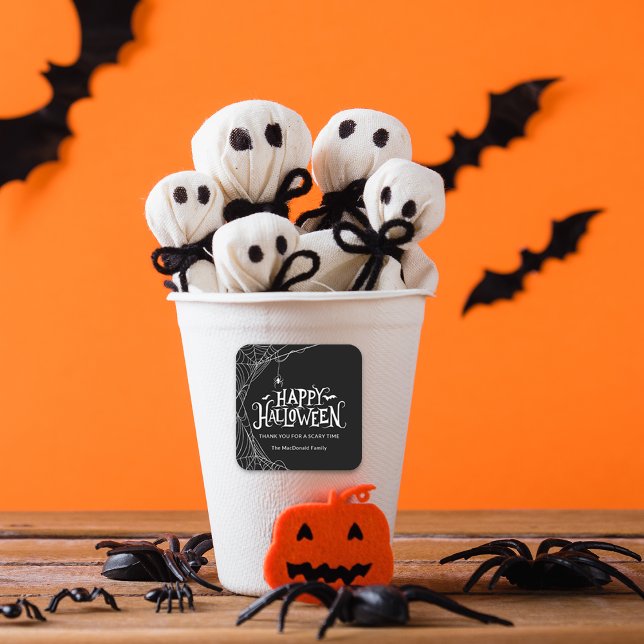 Happy Halloween Spiderweb Vielen Dank Quadratischer Aufkleber (Happy Halloween Spiderweb Thank You Square Sticker)