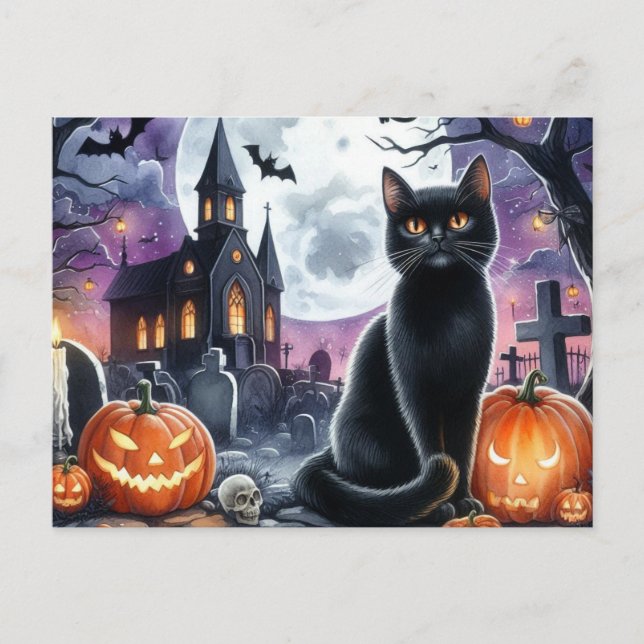 Happy Halloween Spooky Black Cat Postcard Postkarte (Vorderseite)