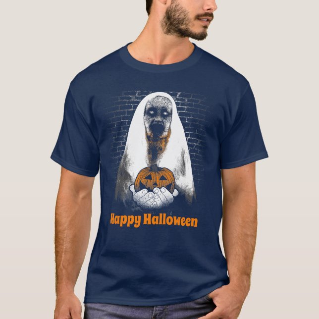 Happy Halloween Spooky Ghost mit Pumpkin Novelty T-Shirt (Vorderseite)