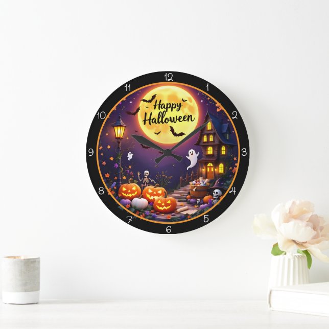 Happy Halloween Spooky Haunted House Große Wanduhr (Zuhause)