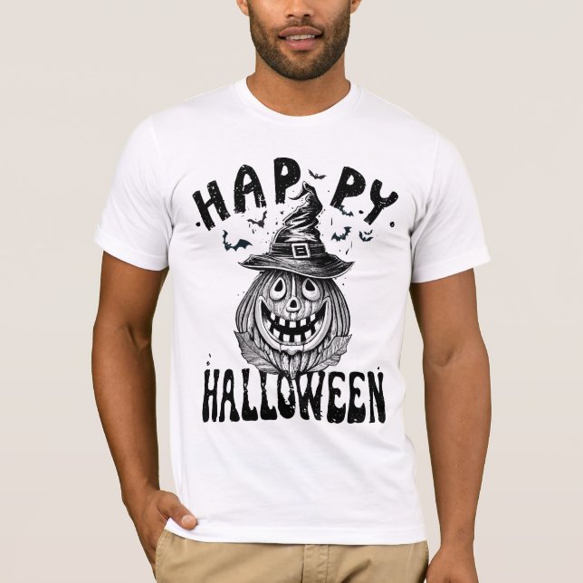 Happy Halloween, Spooky Kürbis mit Hut T-Shirt (Vorderseite)