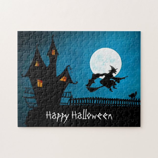Happy Halloween Spuk Haus Hexenkloster Katze (Horizontal)