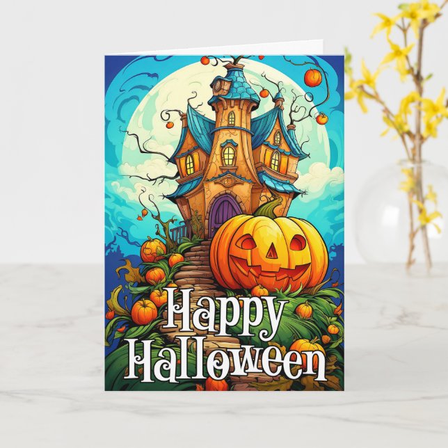 Happy Halloween Spuk House & Pumpkin Karte (Gelbe Blume)