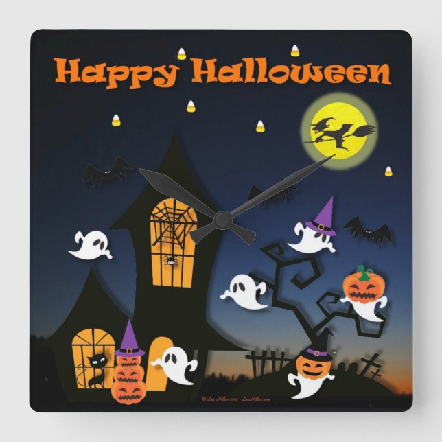 Happy Halloween Spuk House Quadratische Wanduhr (Vorderseite)