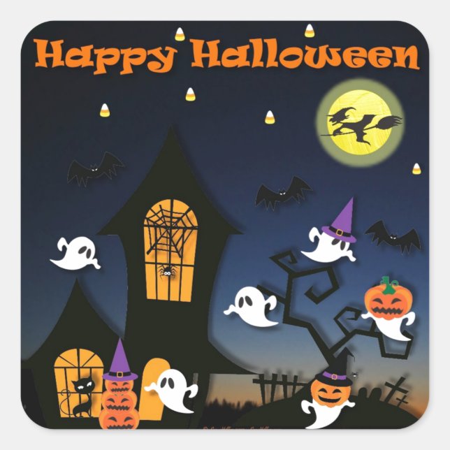 Happy Halloween Spuk House Quadratischer Aufkleber (Vorderseite)