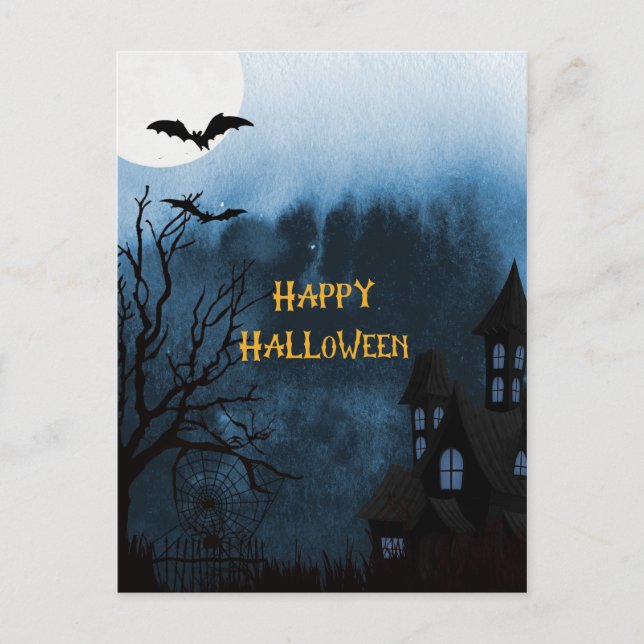 Happy Halloween Spuk Schloss und Fledermäuse Postk Postkarte (Vorderseite)