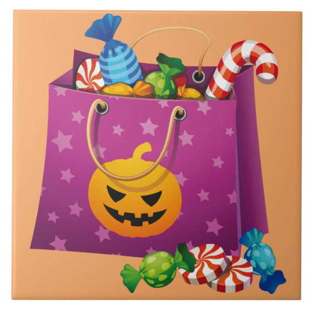 Happy Halloween-Tasche voller Süßigkeiten Fliese (Vorderseite)