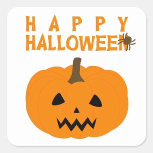 Happy Halloween Text und Kürbiskuit auf Weiß Quadratischer Aufkleber