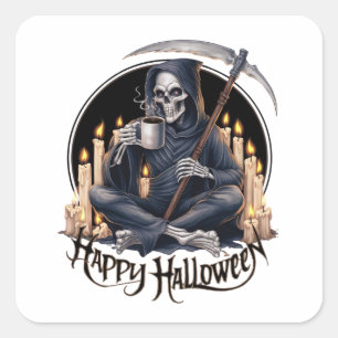 Happy Halloween und ein Skelett Quadratischer Aufkleber