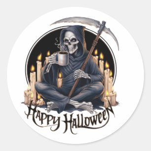 Happy Halloween und ein Skelett Runder Aufkleber