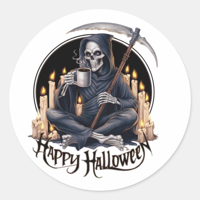 Happy Halloween und ein Skelett Runder Aufkleber (Vorderseite)