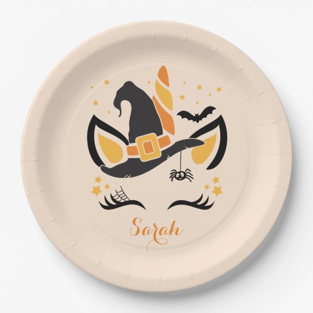 Happy Halloween Unicorn Hexe mit Augenbrauen Pappteller (Vorderseite)