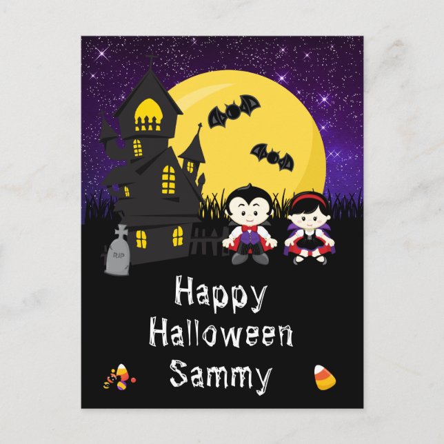 Happy Halloween Vampires Lila Feiertagspostkarte (Vorderseite)