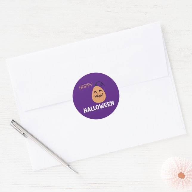 Happy Halloween Violet Citrouille Rond Étiquette S (Enveloppe)