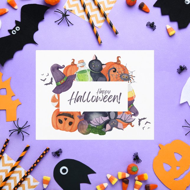 Happy Halloween Watercolor Hexenhut und Katze Postkarte (Von Creator hochgeladen)