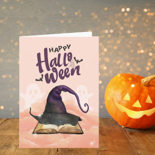 Happy Halloween Watercolor Hexenhut und Zauberbuch Karte