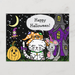 Happy Halloween Weiße Katze und Maus Niedlich Postkarte