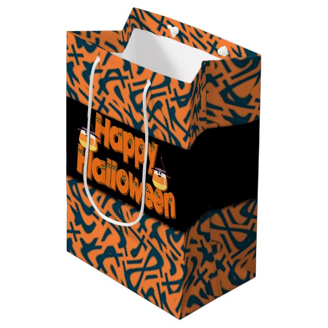 Happy Halloween Whimsical Text Gift Bags Mittlere Geschenktüte (Vorderseite Schrägansicht)