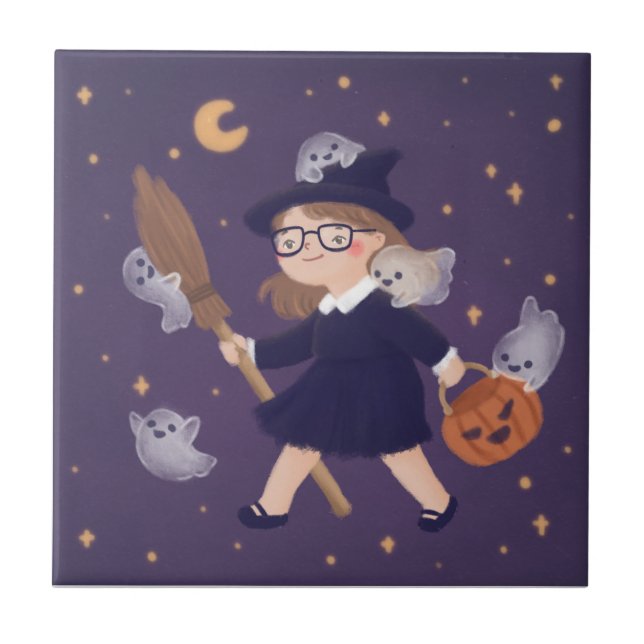 Happy Halloween Witch & Ghosts Fliese (Vorderseite)