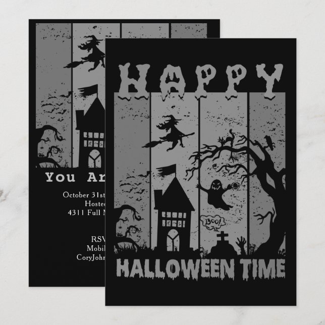 Happy Halloween Witch House Ghost Friedhof B&W Einladung (Vorne/Hinten)