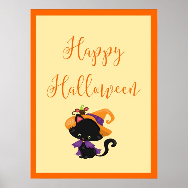 Happy Halloween Witch Kitten Orange Border Poster (Vorne)