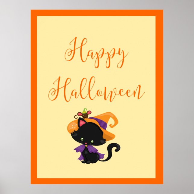 Happy Halloween Witch Kitten Orange Border Poster (Vorne)