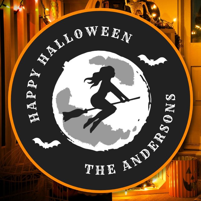 Happy Halloween Witch Riding Broom Individuelle Na Runder Aufkleber (Von Creator hochgeladen)