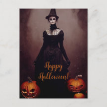 Happy Halloween with a witch in Gothic dress.
