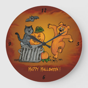 Happy Halloween with Cat Bat Dog and Spider Große Wanduhr
