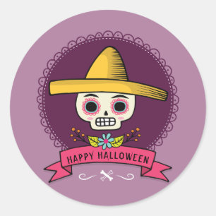 Happy Halloween. Zuckerschädel. Runder Aufkleber