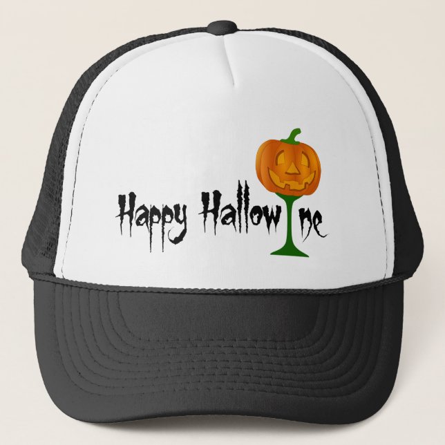 Happy Hallowine Pumpkin Wine Glass Halloween Truckerkappe (Vorderseite)