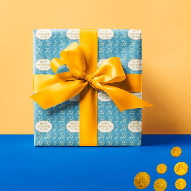 Happy Hannukah Star von David Geschenkpapier (Stars of David on blue background wrapping paper.)