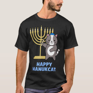 Happy Hanukcat Black Cat Meowzel Tov Menorah Funny T-Shirt