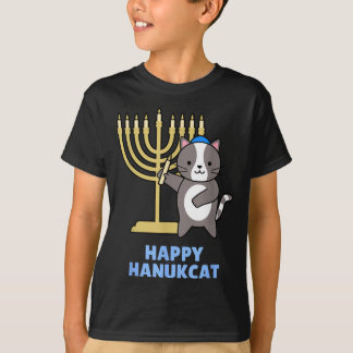 Happy Hanukcat Black Cat Meowzel Tov Menorah Funny T-Shirt