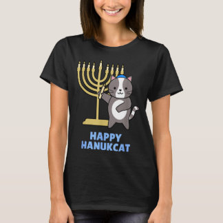 Happy Hanukcat Black Cat Meowzel Tov Menorah Funny T-Shirt