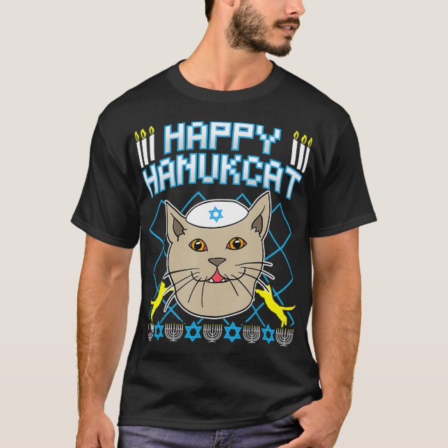 Happy Hanukcat  Jewish Cat Ugly Christmas Sweater  T-Shirt (Vorderseite)