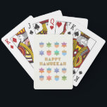 Happy Hanukka Dreidels und Sterne Spielkarten<br><div class="desc">Ein unterhaltsames und festliches Hanukkah-Design mit farbenfrohen dreiköpfigen Sternen. Ein modernes,  nicht traditionelles Design und Muster mit stilisierten dreiblättern und Star of David geometrische Formen.</div>