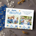 Happy Hanukkah 2 Foto Jüdisches Festival Feiertagskarte<br><div class="desc">Senden Sie Ihre Wünsche mit dieser Foto Holiday Card,  die ein Watercolor Happy Hanukkah Script und jüdische Feiertagssymbole enthält,  um Ihre Grußbotschaft zu markieren.</div>